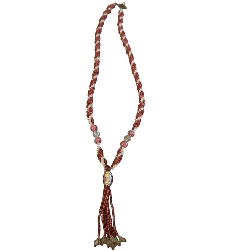 Handmade Red and White Beaded Necklace with Tassel Pendant